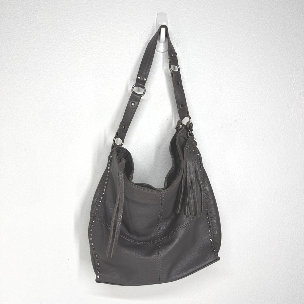 The Sak Dark Grey Pebbled Leather Studded Tassel Hobo Shoulder Bag Slouchy Boho